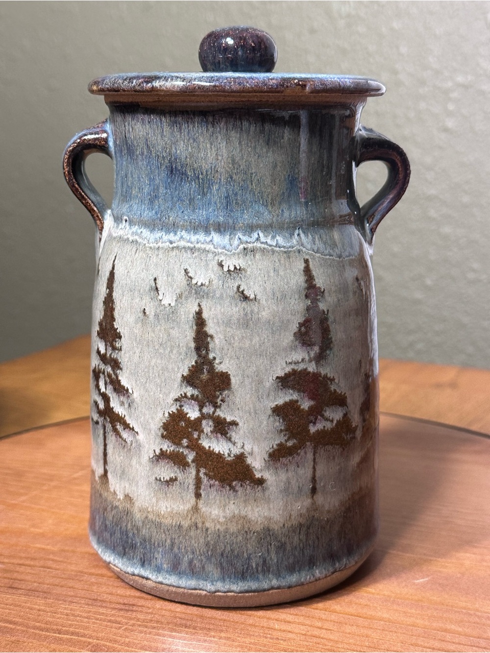 Signed Hand Thrown Studio Pottery Lidded Jar Pine Tree Forest Cabin Decor